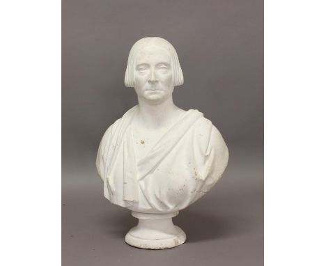 A 19TH CENTURY PLASTER PORTRAIT BUST. A portrait bust, possibly of a young queen Victoria, signed verso J. Stephens, 1850, he