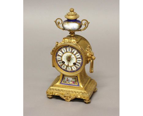 A 19TH CENTURY FRENCH GILT &amp; PORCELAIN MOUNTED MANTEL CLOCK, with a 3 1/2 inch painted porcelain dial, the movement stamp