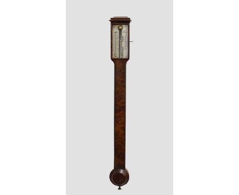 A 19TH CENTURY MAHOGANY STICK BAROMETER, the silvered dial signed Dolland, London, the case with sarcophagus top and circular