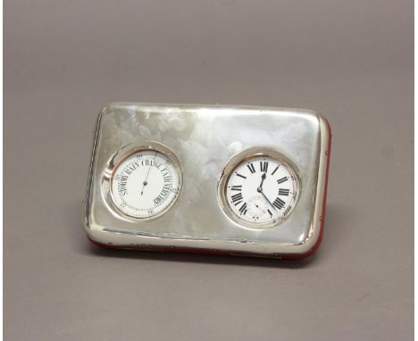 AN EDWARDIAN SILVER MOUNTED DESK CLOCK AND BAROMETER. Comprising a pocket watch with 6cm dial and similar aneroid barometer m