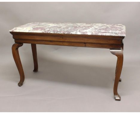A MARBLE TOPPED CONSOLE TABLE, the rectangular top on a mahogany frame with Queen Anne style legs, 79cm high, 138cm wide, 58c