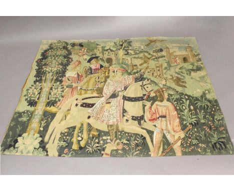 TWO PAINTED TAPESTRY EFFECT WALL HANGINGS. A wall hanging painted in tapestry effect with a substantial country house in a wo