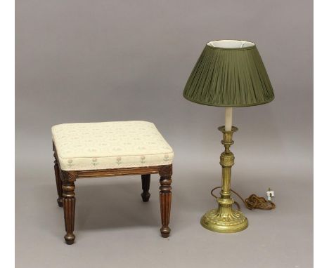 A WILLIAM IV ROSEWOOD STOOL AND BRASS LIGHT. A William IV stool with a square upholstered seat on a moulded rail with taperin