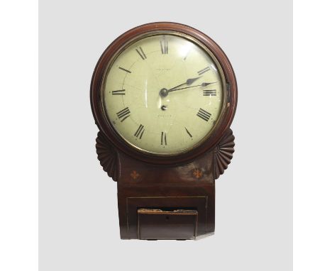 A REGENCY MAHOGANY BRISTOL MADE DROP DIAL WALL CLOCK. A mahogany cased drop dial wall clock with 9 inch convex dial with Roma