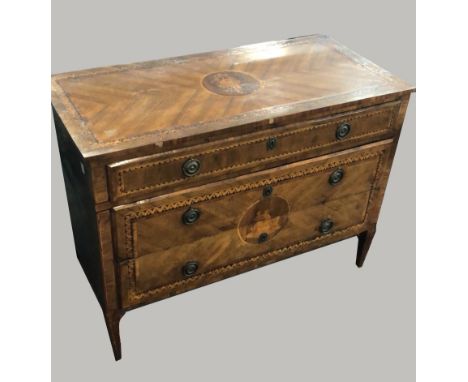 AN 18TH CENTURY NORTH ITALIAN MARQUETRY COMMODE. The rectangular top with a central trophy of musical instruments within a qu