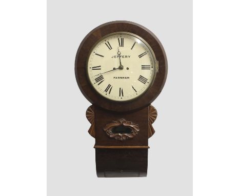 A LATE 19TH CENTURY MAHOGANY WALL CLOCK, the 12" dial signed Jeffery, Farnham, with an 8 day chain driven twin fusee movement
