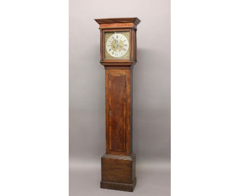 AN OAK AND MAHOGNAY LONGCASE CLOCK BY MEEKINGS OF DUBLIN. The 12" dial with silvered chapter ring and subsiduary seconds dial