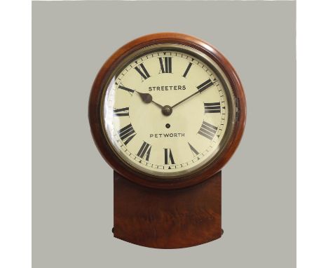 A VICTORIAN MAHOGANY DROP DIAL WALL CLOCK BY STREETERS OF PETWORTH. A drop dial wall clock with a 9 inch white enamelled dial