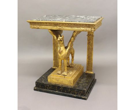 A MARBLE TOPPED CONSOLE TABLE, the Neo-Classical frieze on a gilt griffin support with twin rear column type supports and a s
