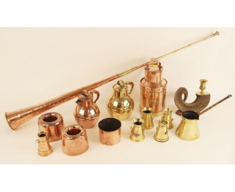 A brass mounted rams horn candlestick, 19cm high, a copper and brass banded coaching horn, 115cm high, a 19th century five pi