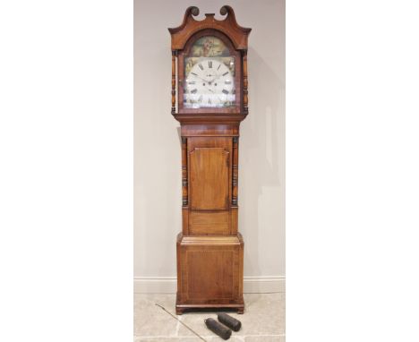 A mahogany cased eight day longcase clock by R Lawrence, Wellington, mid 19th century, the 36cm painted break arch dial with 