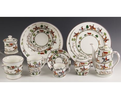 An extensive collection of Crown Staffordshire and Coalport "Hunting scene" tea, dinner and coffee wares, to include a teapot
