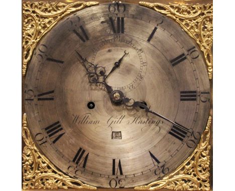 A George III mahogany longcase clock by William Gill, Hastings, late 18th century, the 30cm square brass dial applied with Ro