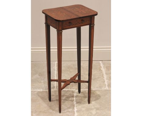 A 19th century satinwood jardinere/lamp stand, the rectangular top with rounded corners inlaid with twin foliate panels above