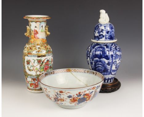 A selection of Chinese porcelain and works of art, comprising; a Canton enamelled baluster vase, 19th century, 30.5cm high, a