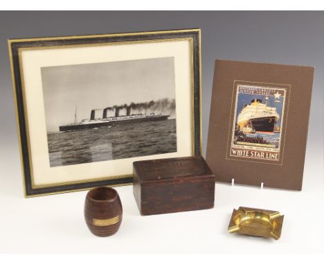 R.M.S. MAURETANIA INTEREST: A stained pine box, the hinged cover naively carved with an image of the Mauretania, the undersid