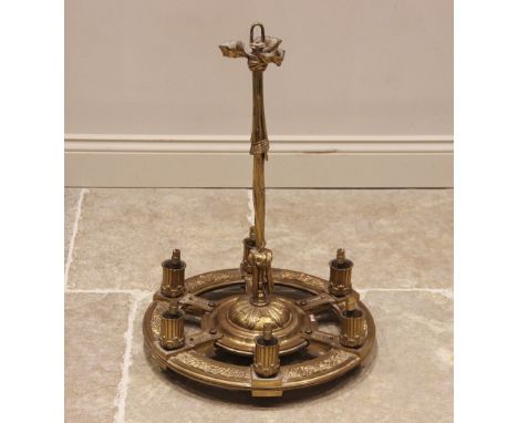 A French brass 'wheel' chandelier, late 19th/early 20th century, the supporting arm cast as ribbon and curtain swags, extendi