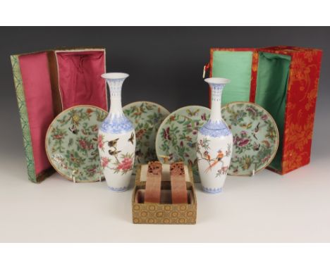 A selection of Chinese porcelain and works of art, to include a set of four late 19th century celadon plates, each decorated 