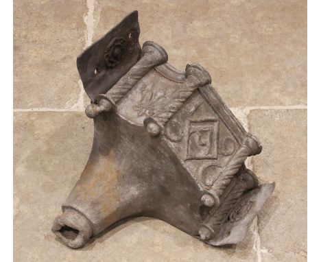 An Edwardian architectural lead rain water hopper, cast in relief with the year '1906', along with rose and fleur-di-lys moti