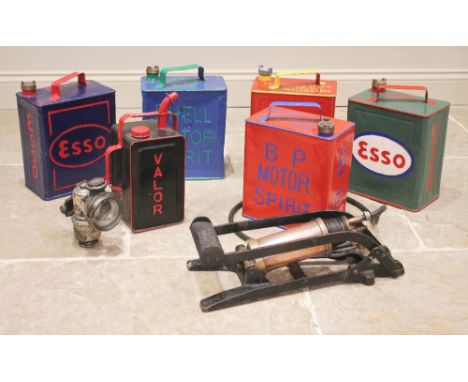 A collection of six re-painted fuel cans, to include; Shell, Esso and B.P, the largest 29cm high, along with a Dunlop 'Giant'