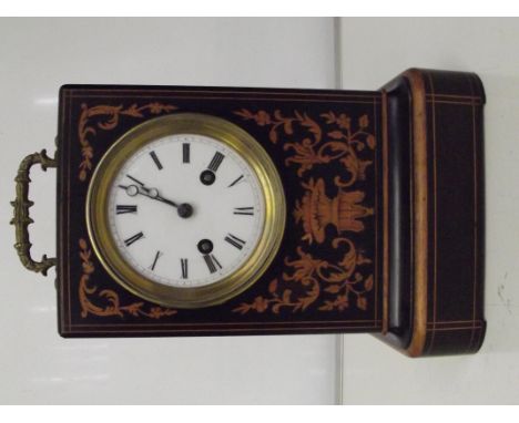 19th century French marquetry inlaid mantel clock by Raingo Frères of Paris, brass carry handle and brass movement striking 