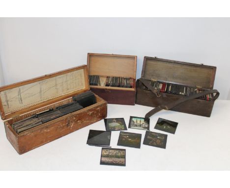 Three boxes of Victorian Magic Lantern glass slides