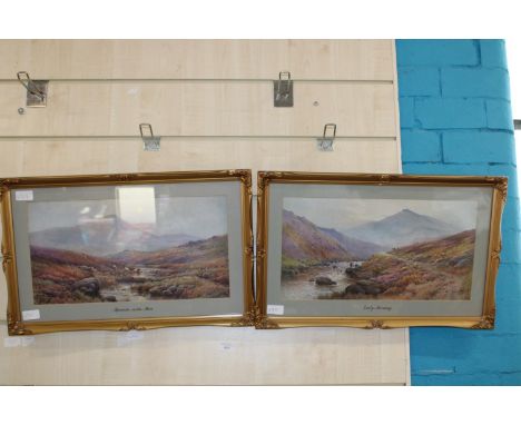 A good pair of gilt framed highland scene prints 56cm x 36cm.Moonrise on the Moor &amp; Early Morning. 