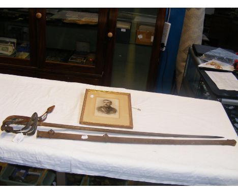 An Army Officers sword with metal scabbard and accompanying photograph