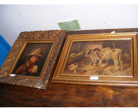 An antique oil of calves and chickens, together with an antique oil on canvas portrait bearing inscription to reverse 'Sketch