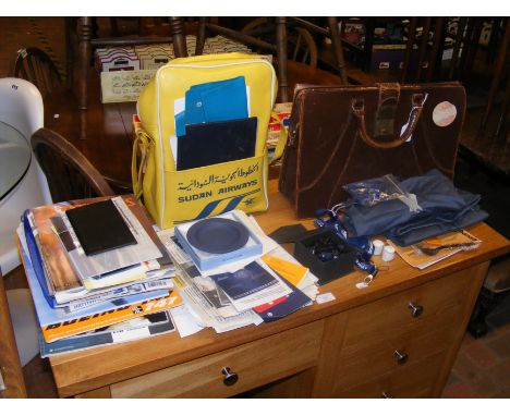 A vintage B.O.A.C. leather satchel, together with Wedgwood Concorde ashtray/trinket tray and other airline ephemera  CONDITIO