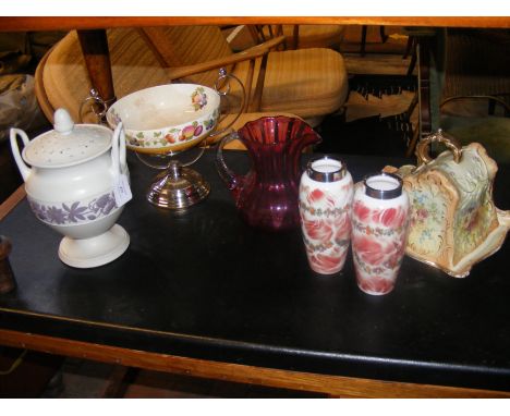 A pair of sterling silver rimmed glass vases, a Wedgwood potpourri vase and cover, a cranberry jug, an antique transfer print