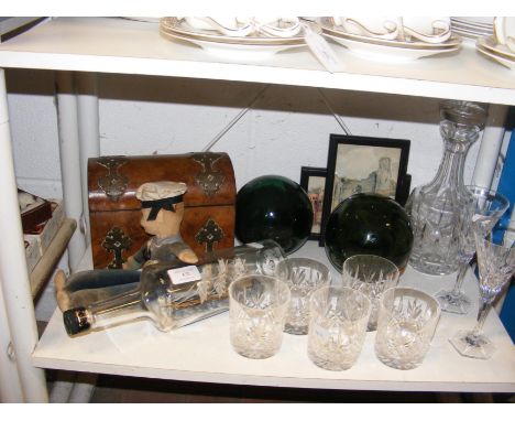 Two Japanese fishing buoys (without nets), ship in a bottle, antique sailor doll, tea caddy and glassware 