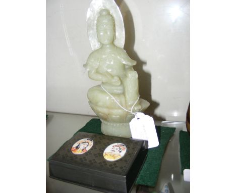 A jade style Oriental figure together with an intricate Middle Eastern metal box