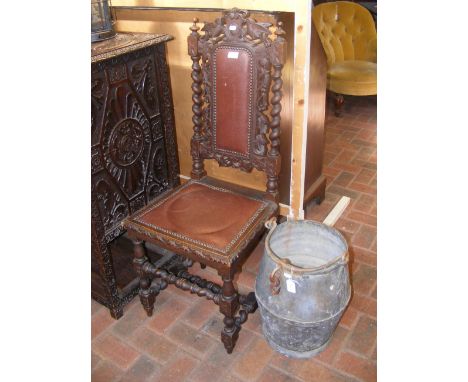 An antique side chair together with an old galvanised milk churn