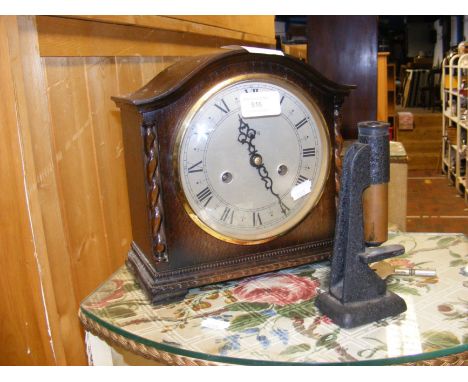 A Smiths oak cased mantel clock, together with a vintage microscope 