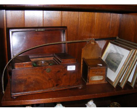 An antique mahogany tea caddy, riding crop, etc. 