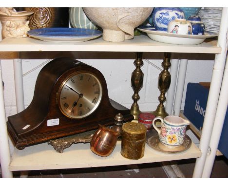 An oak cased Nelson Hat mantel clock, a pair of brass candlesticks and other collectable metalware and ceramics 