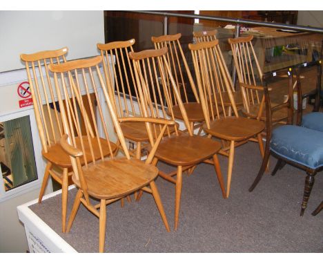 Six vintage mid-century model 369 Ercol stick back chairs and two matching model 369a carvers