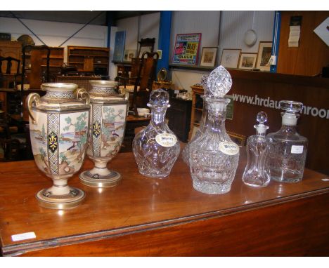 A pair of Noritake Oriental style vases - 25cms high, together with decanters