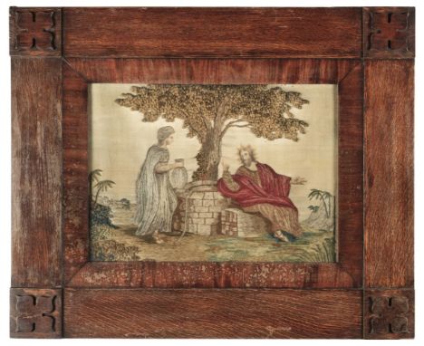 Embroidered picture. Christ and the Samaritan Woman at the Well, English, early 19th century, hand-stitched on silk, depictin