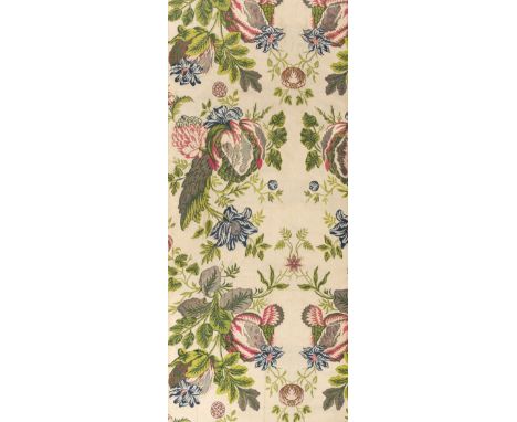 Fabric. A length of silk with brocaded pattern, early 1730s, woven with a pattern of large pomegranates, flowers, and seedhea