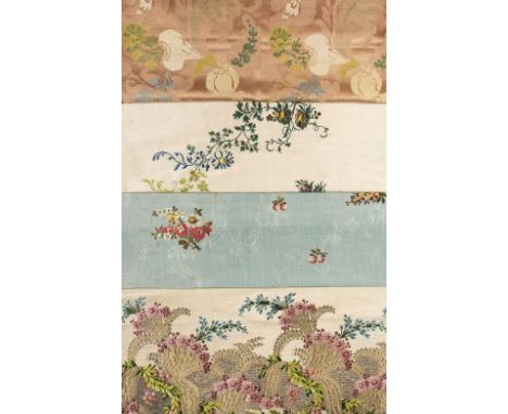 Fabric. Four pieces of 18th century silk, comprising: a length of bizarre silk, circa 1710, with large motifs in blue, cream,