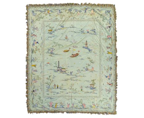 Chinese. A large embroidered panel, early 20th century, finely hand-worked in polychrome silk threads, large central panel wi