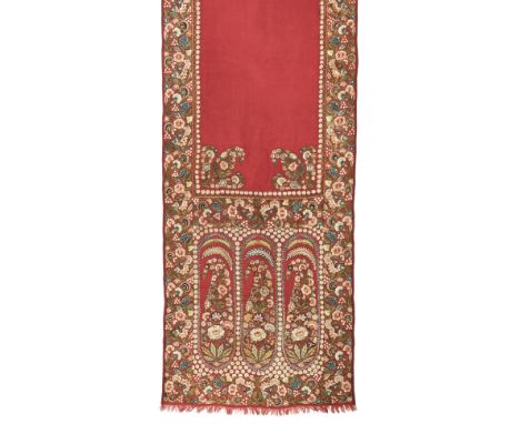 Shawl. A fine embroidered kashmir Delhi stole, circa 1800, densely hand-embroidered in vivid polychrome silk threads on a fin