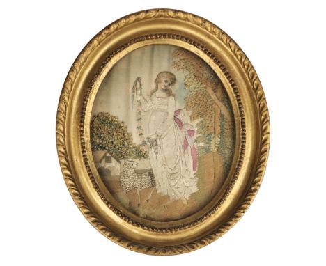 Embroidered picture. Oval picture of a young girl and a lamb, circa 1790-1810, hand-worked in coloured silks on a cream silk 