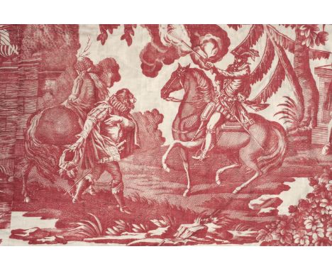 Toile de Jouy. A bedcover made from early 19th century Toile de Jouy fabric, French, bedcover printed in raspberry on a white