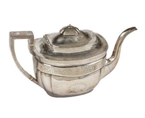 Teapot. A George III silver teapot by Duncan Urquhart &amp; Naphtali Hart, London 1805, of boat shape form engraved with acor