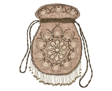 Bag. An early embroidered silk reticule, circa 1790-1810, hand-stitched pale pink silk bag, the front elaborately embroidered