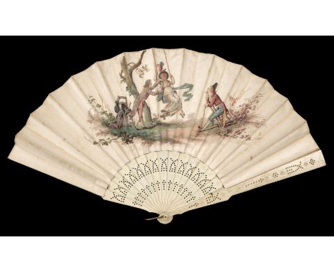 Fans. A large Brussels lace wedding fan, Duvelleroy, circa 1890, folding fan of cream hand-made Brussels Duchesse bobbin lace