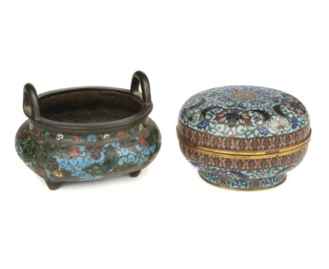 Chinese Cloisonne. A 19th-century Chinese cloisonne enamel box and cover, of circular form, decorated with floral scrolls on 